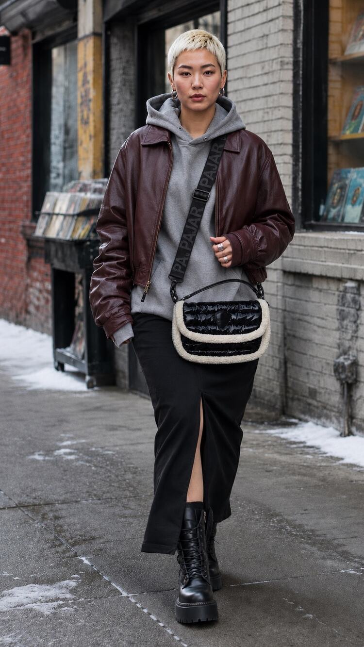 Pajar Black Puffer Sherpa Crossbody Bag Logo Strap